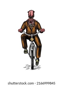 Un hombre calamar con traje monta en bicicleta. Octopus o molusca. Carácter animal de moda. Esbozo dibujado a mano en el contorno de madera. Ilustración grabada de vectores para el logo y tatuaje o camisetas.