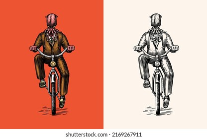 Un hombre calamar con traje monta en bicicleta. Octopus o molusca. Carácter animal de moda. Esbozo dibujado a mano en el contorno de madera. Ilustración grabada de vectores para el logo y tatuaje o camisetas.