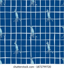 Squid marine silhouettes seamless pattern in cartoon style. Navy blue chequered background. Decorative backdrop for fabric design, textile print, wrapping, cover. Vector illustration