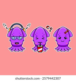 squid mascot bundle illustration design vector