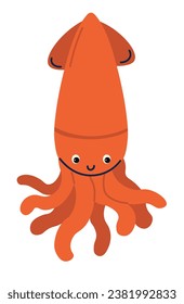 Squid mollusc animal with elongated body and tentacles. Isolated character with smile on face, personage from oceanarium and aquarium, zoo creature living in saltwater of sea. Vector in flat style