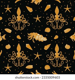 Squid mollusk seamless pattern on black background. Tropical marine sea life nature illustration. Fabric graphic design for cover, wallpaper, cloth design, fabric, tissue, textile, wrapping paper