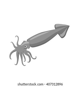 Squid monochrome color design. Black squid with tentacles isolated on white background. Creature floating in water. Inhabitant wildlife of underwater world. Edible sea food. Vector illustration