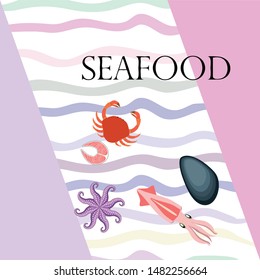 Squid, mussels, crab, fish, octopus. Fresh seafood. Vector backgroung. Restaurant design.