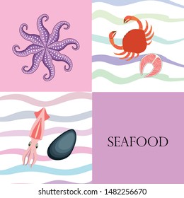 Squid, mussels, crab, fish, octopus. Fresh seafood. Vector backgroung. Restaurant design.