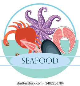 Squid, mussels, crab, fish, octopus. Fresh seafood. Vector backgroung. Restaurant design.