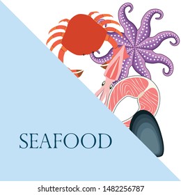 Squid, mussels, crab, fish, octopus. Fresh seafood. Vector backgroung. Restaurant design.