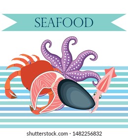 Squid, mussels, crab, fish, octopus. Fresh seafood. Vector backgroung. Restaurant design.