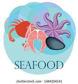 Squid, mussels, crab, fish, octopus. Fresh seafood. Vector backgroung. Restaurant design.