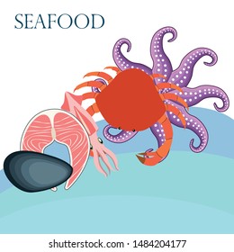 Squid, mussels, crab, fish, octopus. Fresh seafood. Vector backgroung. Restaurant design.