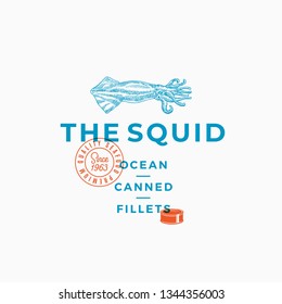 The Squid Ocean Canned Fillets. Abstract Vector Sign, Symbol or Logo Template. Hand Drawn Squid Illustration with Modern Typography. Premium Quality Vector Emblem. Isolated.