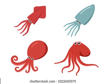 Squid, Octopus And Cuttlefish In Flat, Vector Art