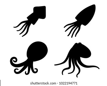 Squid, octopus and cuttlefish in icons and symbol, vector