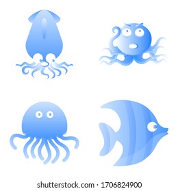 Squid Octopus Jellyfish and fish. Cute Animal Icon Flat Design