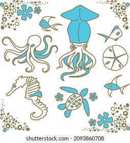 Squid, octopus, turtle, seahorse, sand dollar, with assorted sea life, marine animals, ocean mammals, aquatic creatures and biodiversity.