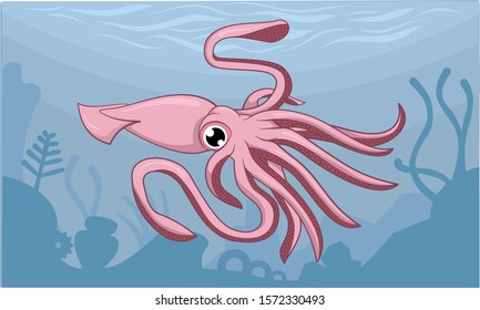 Squid on Blue Background Cartoon Design Vector Illustration