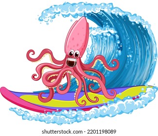 Squid on surfboard with ocean wave illustration