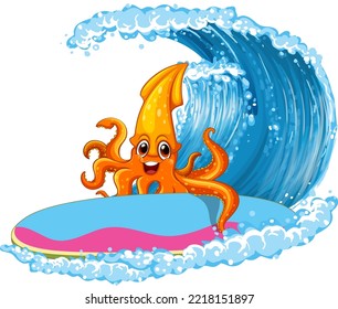 Calamar a bordo con ilustración de olas oceánicas