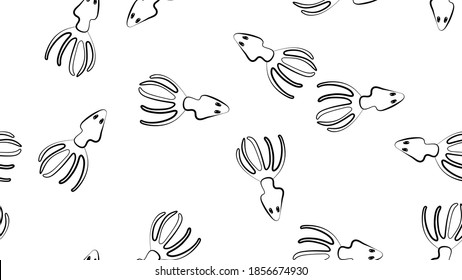 Tintenfisch auf weißem Hintergrund, Vektorgrafik, Muster. Weißer Kalmare mit Augen, Meeresfrüchte. Tintenfisch aus Schwarz und Weiß, Tapete und Deko im Stilstil.