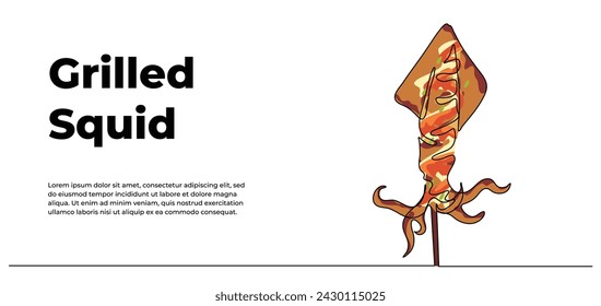 Squid one continuous line design. Restaurant food menu design concept. Decorative elements drawn on a white background.