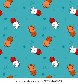 Squid orange white and red color so cute.on shell star sun green background.pattern seamless vector and illustration.