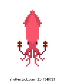 Squid pixel art isolated. 8 bit calamary icon. pixelated illustration