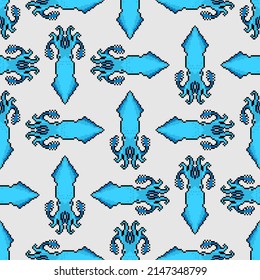 Squid pixel art pattern seamless. 8 bit calamary background. pixelated texture