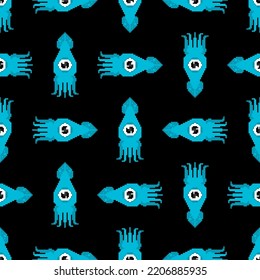 Squid pixel art pattern seamless 8 bit cephalopod marine animal background. pixelated texture