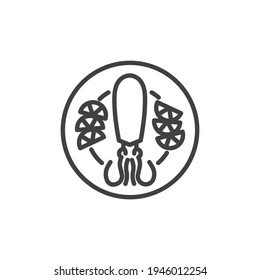 Squid plate, seafood line icon. linear style sign for mobile concept and web design. Squid with lemon outline vector icon. Symbol, logo illustration. Vector graphics