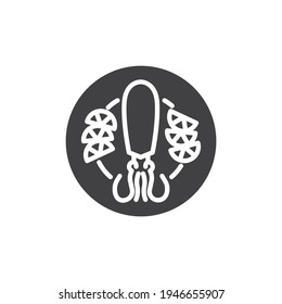 Placa de calamar, icono del vector del marisco. signo plano relleno para concepto móvil y diseño web. Calamar con icono de glifo limón. Símbolo, ilustración del logotipo. Gráficos vectoriales