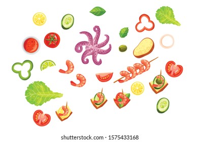 Squid prawn lemon tomato spinach cucumber seafood with vegetables vector illustration