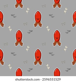 Squid red cartoon so cute. On fish seaweed gray background. Pattern seamless vector illustration. 