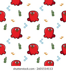 Squid red cartoon so cute. On seaweed fish bubbles white background. Pattern seamless vector illustration. 