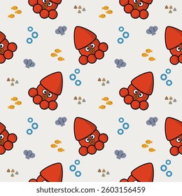Squid red cartoon so cute. On fish shell bubbles background. Pattern seamless vector illustration. 