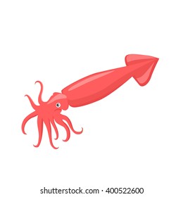 Squid of red color design flat.  Red squid with tentacles isolated on white background. Creature floating in water. Inhabitant wildlife of underwater world. Edible sea food. Vector illustration