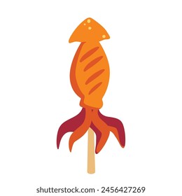 Squid satay flat design illustration, grilled octopus on skewers, vector image isolated on white background