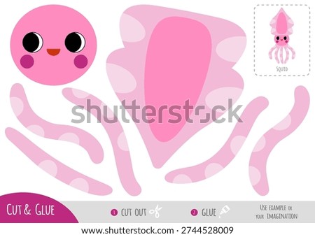 Squid sea animal paper craft for children in flat style. Educational cut and glue game. Use scissors and glue to create character. Printable worksheet for fine motor skills and classroom activities.