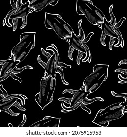 Squid, sea food, hand drawn, chalk vector seamless pattern isolated on black background. Concept for print, wallpaper, cards