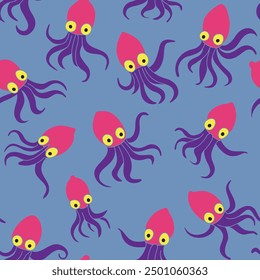 Squid in the sea, Seamless pattern for decorating all fashion designs, fabrics, wallpapers and prints on a light blue background.