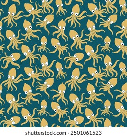 Squid in the sea, Seamless pattern for decorating all fashion designs, fabrics, wallpapers and prints on a dark blue background.