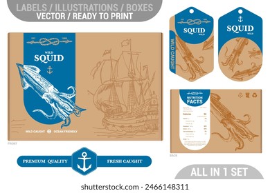 Squid Seafood Premium Qualität Paket Design-Set mit modernen handgezeichneten Illustrationen und Etiketten-Set. Meeresfrüchte