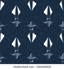 Squid seamless pattern isolated on darck blue background. Seafood, fish market label, infographics, food packaging or underwater sea animal themes design. Vector hand drawn illustration.