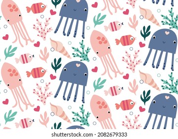 squid seamless pattern in pink and blue colors