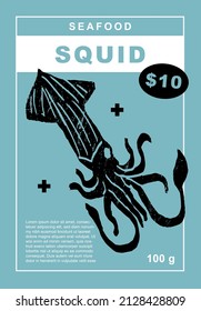 Squid. Set of posters of fishes and seafood in a abstract draw design. Label or poster, price tag. Simple, flat design. Patterns and backgrounds. Perfect for poster, cover, banner.