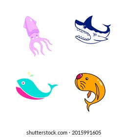 squid, shark, whale and walrus, best for logo, icon, symbol, mascot and sign
