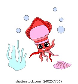 Squid with shells, bubbles and algae in the ocean. For posters, prints on clothes. Vector