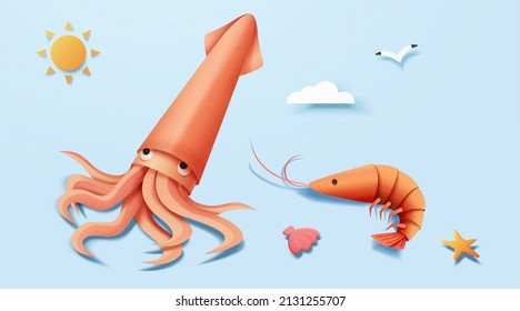 Squid and shrimp at beach elements. Illustration of marine creatures including squid, prawn, starfish with beach components of seshell, sun and cloud isolated on light blue background