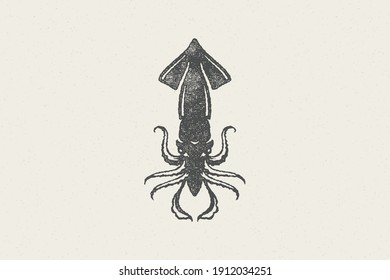 Squid silhouette for food market and seafood restaurant hand drawn stamp effect vector illustration. Vintage grunge texture emblem for package and menu design or label decoration.