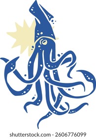 Squid silhouette. Hand drawn emblem. Seafood block print or stamp. Sea life art. Packaging or label design asset. Vector illustration isolated on transparent background.
