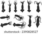 Squid silhouette, Squid octopus silhouette, Squid vector illustration, Squid icon bundle.